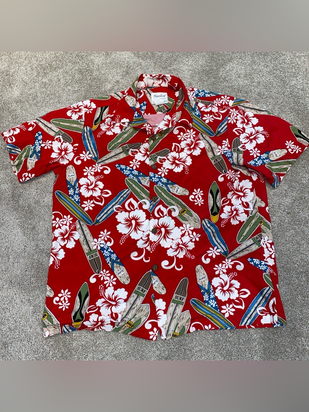 Vintage Naniloa By Lamco Red Hawaiian Button Up Shirt Size M Hibiscus Surfboards
